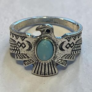 Womens Ring Size 8 Band Silver Metal Boho Aztec Turquoise Jewelry 043-8